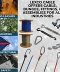 Heavy Duty 1/16 Inch Galvanized Aircraft Wire Rope Cable 7x7 Steel Construction 500 Foot Reel showcased with various applications and fittings.