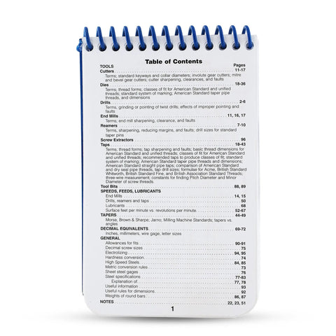 Heavy Duty Machinist Pocket Guide And Machine Shop Handbook Table of Contents showing tools and dimensions, compact design.
