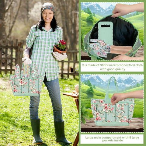 Woman holding All In One Floral Garden Tools Set With Tote Bag Heavy Duty Gardening Kit including gloves and kneeling pad