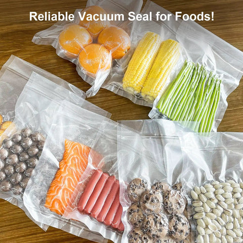 Vacuum Sealer Bags 2 Pack 11x20 Rolls BPA-Free Heavy-Duty filled with various foods for storage and meal prep