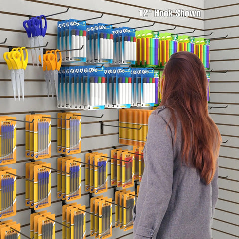 1 Inch Slatwall Deluxe Hooks For Panels Black Finish Pack Of 96 on display with stationery items in retail setting