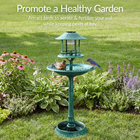 Solar Outdoor Bird Bath With Resin Pedestal Fountain In Green Yard Garden Decor 0.8 Gallon Basin Planter Base Feeder And Fillable Stand