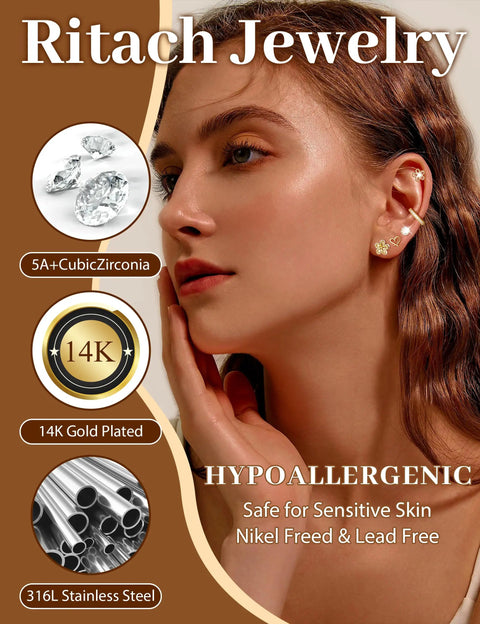Gold Stud And Hoop Earring Set For Women With Eight Pairs Of Studs And Two Pairs Of Hoops, 14K Gold Plated CZ, Hypoallergenic Jewelry Gift, Dainty Flower And Heart Designs For Everyday Wear Or Night Out. Woman wearing 14K gold plated flower and heart ear studs
