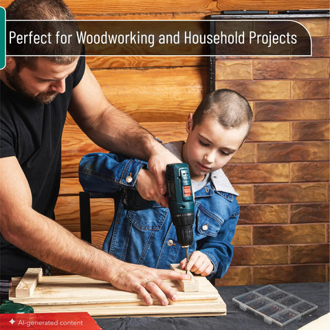 Father and son using the Job Site Ready Wood Screw Assortment Kit, 152 Pieces Bronze Galvanized for woodworking projects.