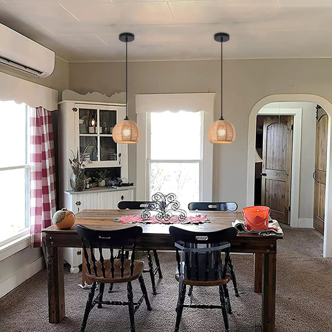 Dining room with Boho Woven Pendant Light Dome Chandelier, Rustic Farmhouse Hemp Rope Rattan Ceiling Fixture above table.