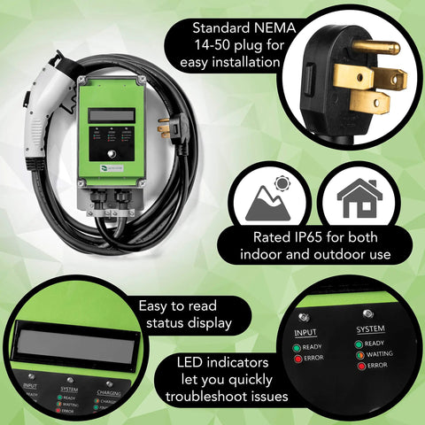 32 Amp Level 2 Electric Vehicle Charging Station With Smart Display And 25 Ft Cable for easy installation with NEMA 14-50 plug.