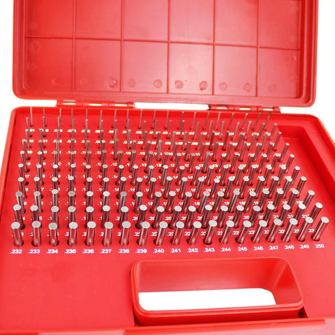 Steel Pin Gauge Set 190-Piece 0.061-0.250 In Range Minus Tolerance 0.0002 In Bearing Steel With Plastic Case in red box
