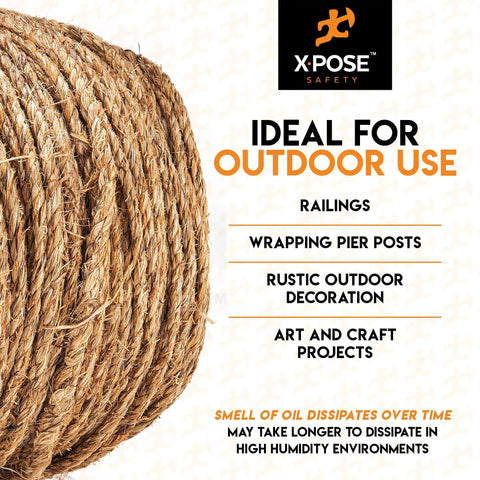 Heavy Duty 1/4 Inch 600 Ft Three Strand Manila Rope For Nautical Decor, Crafts, Porch Columns, Outdoor Pole Wrap, And Tree Swings, Natural Fiber Twisted Braided Cordage, Oil Treated And Built To Last bundle with text detailing uses