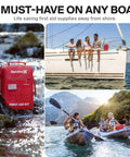 Large Waterproof First Aid Kit For Car, Travel, Home And Outdoors With IPX7 Sealed Zippers visible on boat with people kayaking and sailing