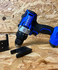 Locking Tool Holder For Kobalt 24V Tools, 4 Pack, Black mounts with blue Kobalt drill on wooden workbench