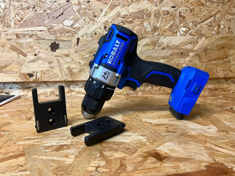 Locking Tool Holder For Kobalt 24V Tools, 4 Pack, Black mounts with blue Kobalt drill on wooden workbench