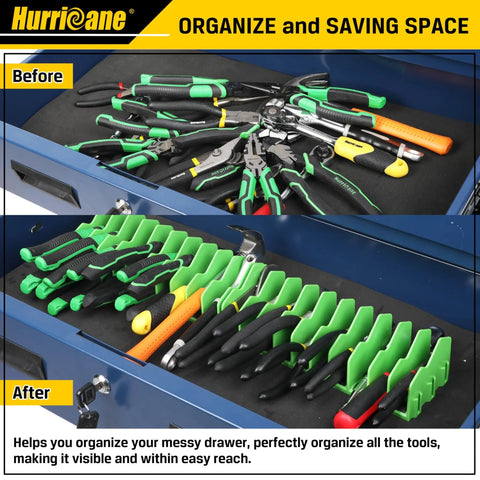 10 Slot Pliers Organizer Rack With Non Slip Rubber Base Extendable Tool Drawer Storage For Pliers And Hand Tools Green Modular Rack Fits 3 Inch Height Tools Keeps Your Gear Accessible And Neat 1 Pack before and after view