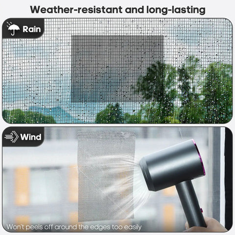Weatherproof 5 By 7 Inch Window Screen Patch Kit 6 Pack Mesh Repair Tape With Ultra Strong Adhesive seen tested against rain and wind.