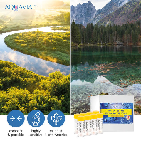 Get an A-Okay read on your well or tap water with this legit 8 pack water testing kit shown beside clear natural water.