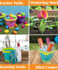 3 Pack Foldable Beach Buckets With Shovels And Mesh Backpack For Kids And Toddlers used for Easter pails, watering, cleaning, cooler