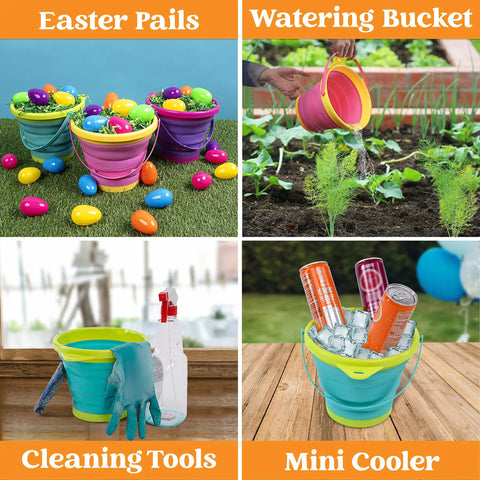 3 Pack Foldable Beach Buckets With Shovels And Mesh Backpack For Kids And Toddlers used for Easter pails, watering, cleaning, cooler