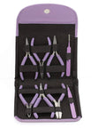 8 Piece Beading Pliers Set With Color Coordinated Tools And Orchid Leather Case For Jewelry Making Includes Chain Nose Pliers Side Cutter Pliers And Split Ring Tweezers To Craft Necklaces Bracelets And Earrings in open case