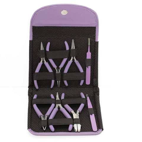 8 Piece Beading Pliers Set With Color Coordinated Tools And Orchid Leather Case For Jewelry Making Includes Chain Nose Pliers Side Cutter Pliers And Split Ring Tweezers To Craft Necklaces Bracelets And Earrings in open case