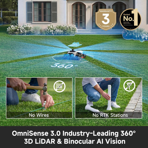 All Terrain Wire Free Robot Lawn Mower With AWD Power 360 Degree LiDAR And AI Dual Vision The Lawn Beast For 0.5 Acre Yards That Handles 80 Percent Slopes Fast Charge In 45 Minutes Edge Trimming At 1.97 Inches 4G GPS Anti Theft mowing lawn with 360-degree mapping.
