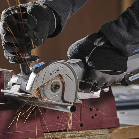 Rock Solid Heavy Lifter 20V Compact Circular Saw Kit cutting metal with sparks flying, showcasing precision and power.