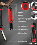 Rechargeable Magnetic LED Work Light 2500mAh Folding Flashlight For Mechanics, showing hook, magnet, USB-C port, and power switch