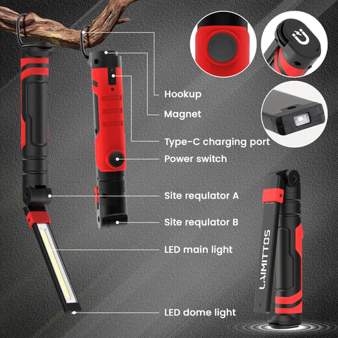 Rechargeable Magnetic LED Work Light 2500mAh Folding Flashlight For Mechanics, showing hook, magnet, USB-C port, and power switch