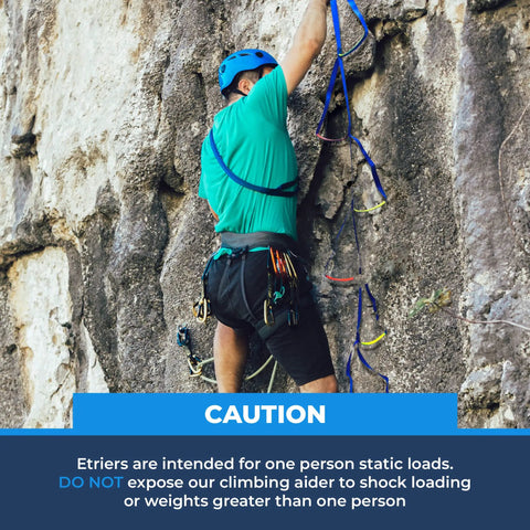 Climber using Four Step Nylon Aider Ladder with Tubular Webbing for tree work and rock climbing on rough terrain.