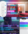 Smart LED Strip Lights 16.4 Ft with Alexa and Google Control, showing app interface and colorful room lighting setup