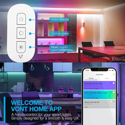 Smart LED Strip Lights 16.4 Ft with Alexa and Google Control, showing app interface and colorful room lighting setup