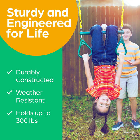 Child hangs upside down on Backyard Swing Set Accessories Kit With 18 Inch Trapeze Bar 48 Inch Heavy Duty Chain With Locking Carabiners.