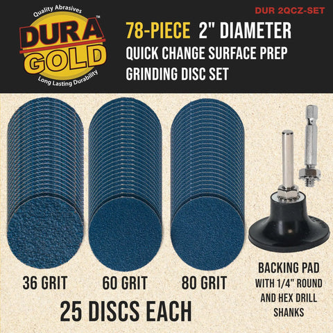Two Inch Grinding Discs Set With Roll Lock Quick Change Adapter And Backing Pad, Zirconia Coarse Cut Sanding Discs In 36 60 80 Grit, 25 Discs Each, Great For Auto Body Metal Wood Rust Oxidation Welds And More packaging