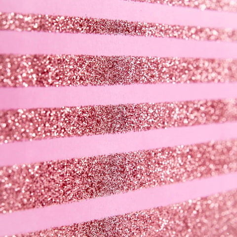Close-up of pink glitter stripes on a 9-Inch Medium Gift Bag With Tissue Paper In Pink Glitter Stripes For Valentines Day Birthdays Baby Showers