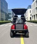 Back view of Top Tier Four Seater Electric Golf Cart Built With A Solid Front Bumper And Aggressive Off Road Tires Including HD LED Smart Dashboard.