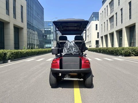 Back view of Top Tier Four Seater Electric Golf Cart Built With A Solid Front Bumper And Aggressive Off Road Tires Including HD LED Smart Dashboard.
