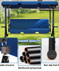 Cozy Three Seat Patio Swing With Adjustable Canopy And Built In Side Tables, Outdoor Porch Glider With Stand For Adults, blue swing with detail inserts on structure, spring hook, and foot pad highlighting quality.