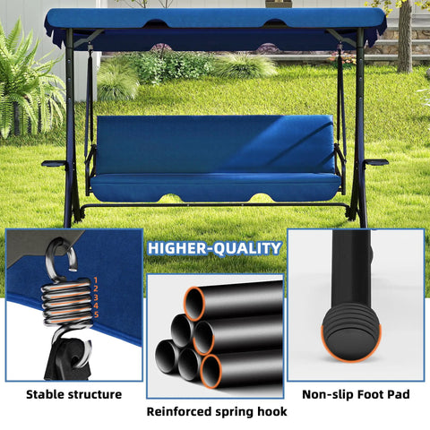 Cozy Three Seat Patio Swing With Adjustable Canopy And Built In Side Tables, Outdoor Porch Glider With Stand For Adults, blue swing with detail inserts on structure, spring hook, and foot pad highlighting quality.