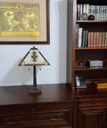 Mission Banker Style Stained Glass Table Lamp 23 Inch Tall With White Tan Brown Yellow Antique Vintage Tribal Glass on desk