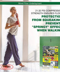 Woman standing on floor with Solid As A Rock Wood Fiber Underlayment 6mm thick for sound dampening insulation.