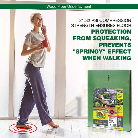 Woman standing on floor with Solid As A Rock Wood Fiber Underlayment 6mm thick for sound dampening insulation.