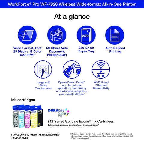WorkForce Pro WF-7820 Wireless Wide-format All-in-One Printer features 250-sheet tray and 50-sheet ADF, highlighting its tech.