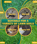 Collage showing types of grasses and soils: bluegrass, bent grass, carpet grass, centipede, clay, silty, peaty, and loamy soil