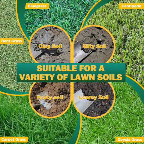 Collage showing types of grasses and soils: bluegrass, bent grass, carpet grass, centipede, clay, silty, peaty, and loamy soil