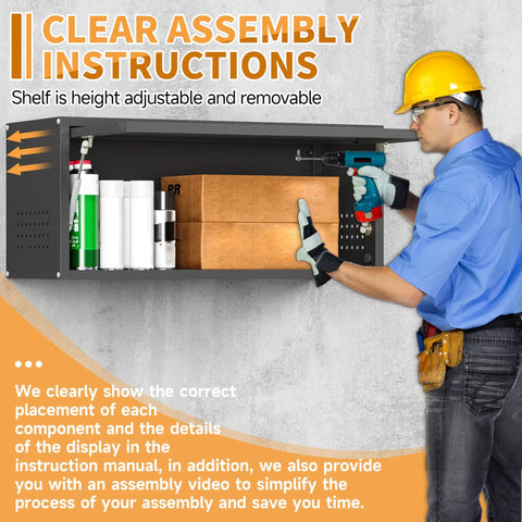 Worker adjusting black metal garage wall cabinet with up flip door and pegboard, 13.8 inch high, wall-mounted steel storage cabinet