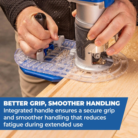 User employing Top Shelf Trim Router Edge Guide With An Ergonomic Grip For Bullseye Precision On Standard Wood Routers.