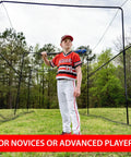 Youth in baseball uniform standing inside 40 Foot Collapsible Batting Cage With Frame And Netting Freestanding Portable Backyard Baseball And Softball Batting Cage Complete Package For Easy Home Hit Sessions And Backyard Practice Setup