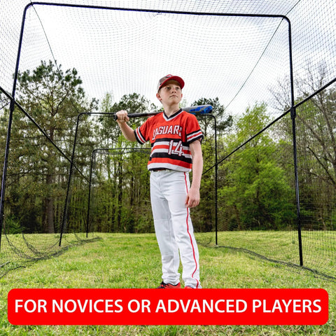 Youth in baseball uniform standing inside 40 Foot Collapsible Batting Cage With Frame And Netting Freestanding Portable Backyard Baseball And Softball Batting Cage Complete Package For Easy Home Hit Sessions And Backyard Practice Setup