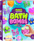 Totally Fun Bath Bomb Making Kit For Kids Turns Bath Time Into A DIY Science Class, Makes 10 Fizzy Bombs With Colorful Molds, Surprises Inside Each Bomb, Easy At Home Spa Project For Creative Play And Mess Free Fun. Box front with colorful bath bomb shapes