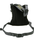Back view of Micro Fly Fishing Chest Pack With Front Workstation And Tippet Spool Holder, strap details and mesh padding, Green.