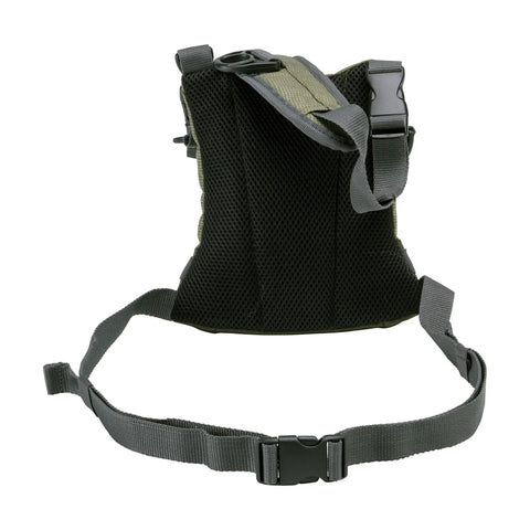 Back view of Micro Fly Fishing Chest Pack With Front Workstation And Tippet Spool Holder, strap details and mesh padding, Green.