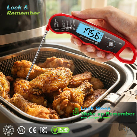 0.6 Second Instant Read Digital Meat Thermometer Pen Probe With Waterproof Backlit Display checking fried chicken